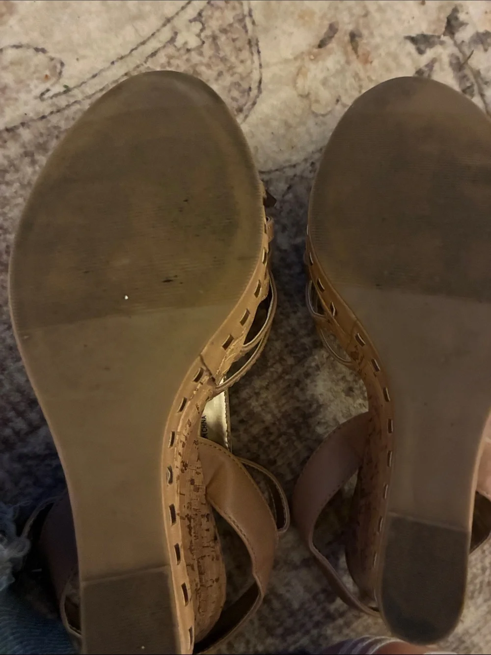Jasmin Tan Strappy Cork Wedge Sandals with Gold Accents